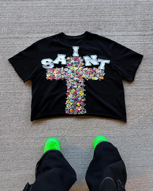 Vintage graphic t-shirt featuring a bold cross design, perfect for men and women looking for classic retro style.